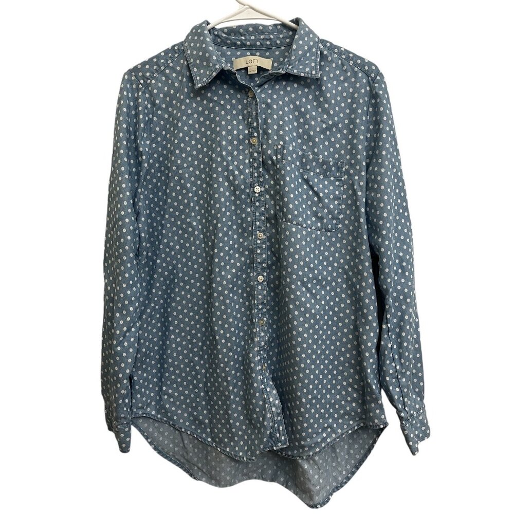 Loft Blue Floral Button Down long Sleeve Blouse Size medium